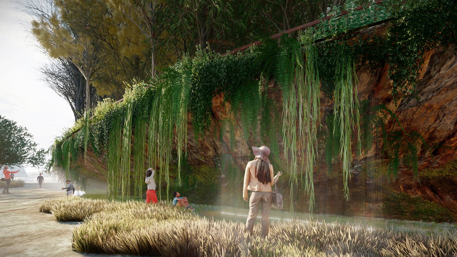 A digital visualisation of an urban park featuring dramatic landforms and lush Australian vegetation.