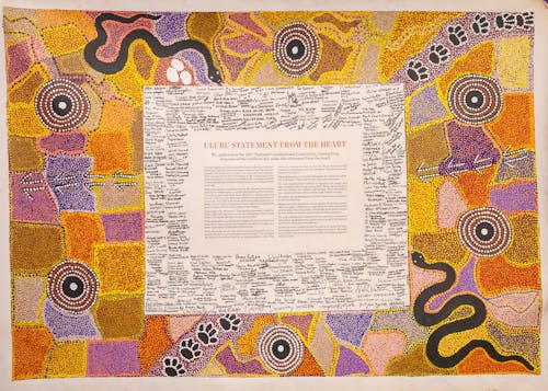 A photograph of a printed statement on canvas, surrounded by signatures in black marker, and framed with an Aboriginal dot painting.