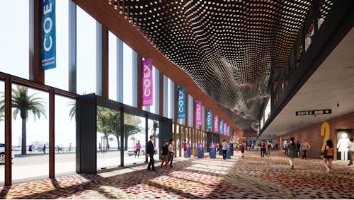 A 3D computer render of the entry space of a large building. There is a large wall of glass windows and doors to the left, with views to the waterfront landscape. Blue and Pink Flags as seen on the windows, and people are moving about in the distance.