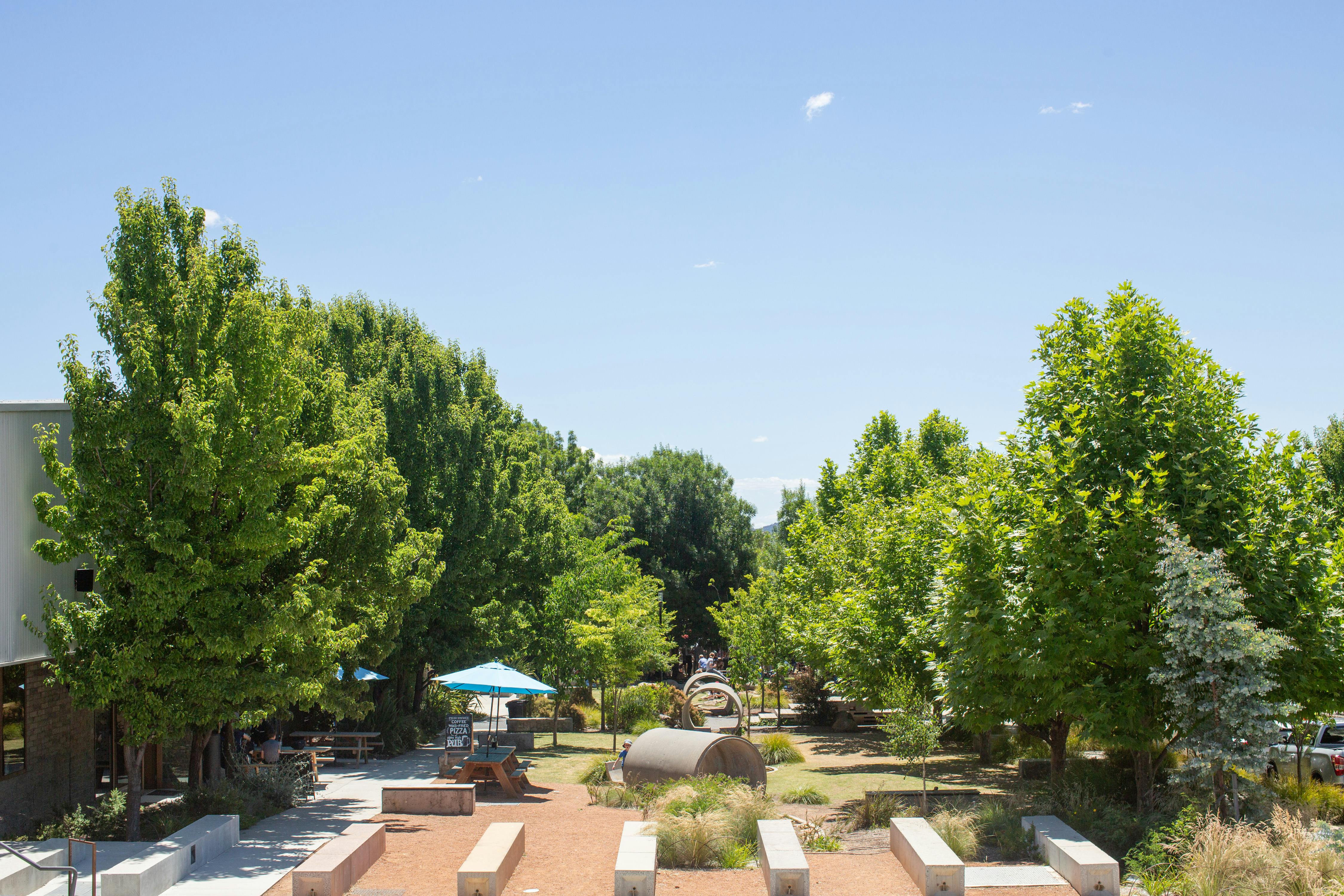 A landscape photograph of an urban linear park on a sunny day, green trees surround the park, seating areas are seen in the foreground. People can be seen in the distance through the trees. Part of a converted warehouse building is visible on the edge of the picture.