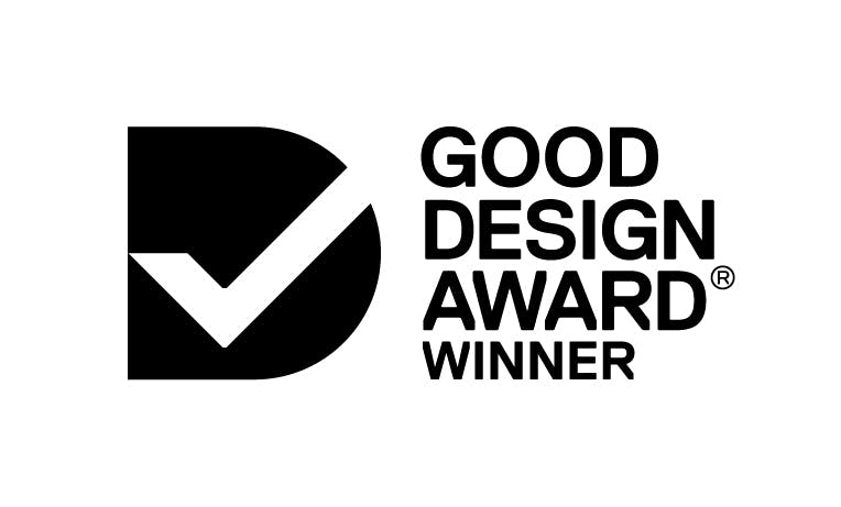 'Good Design Award Winner' Logo.  The logomark comprises of a solid black 'D' with a white tick cut-out.