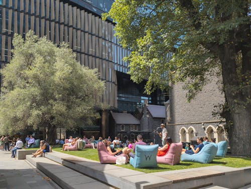 A photograph of an urban green square, there are two large trees, and a crowd of people sitting on pink and blue bean bag chairs listening to a live musician. 