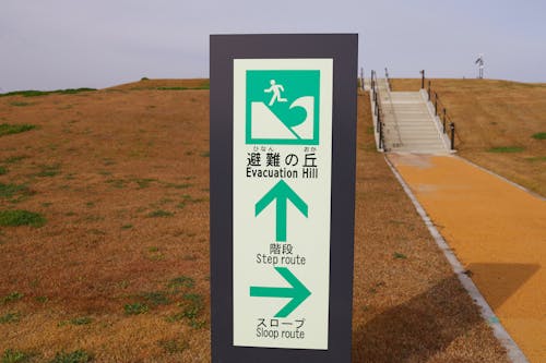 A photo of Japanese-English bilingual sign pointing towards an evacuation hill. There is a pictogram of a person running away from a wave.