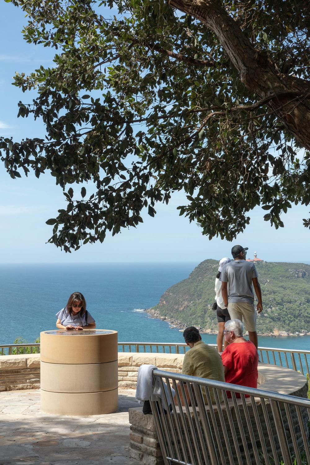 A photograph of people resting, reading, and standing at a site overlooking the water. There is a large shady tree above.