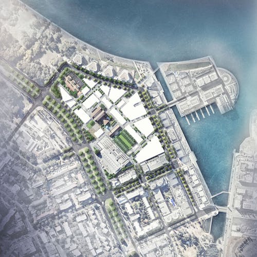 A digitally rendered landscape masterplan of a dense city precinct close to a body of water.