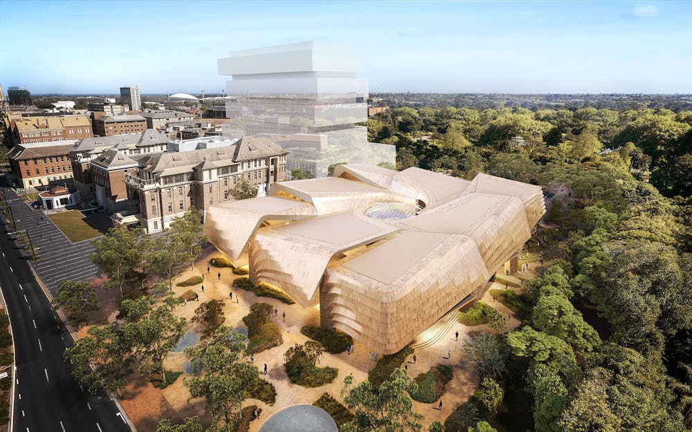 A digital render of a contemporary cultural centre, surrounded by open space.
