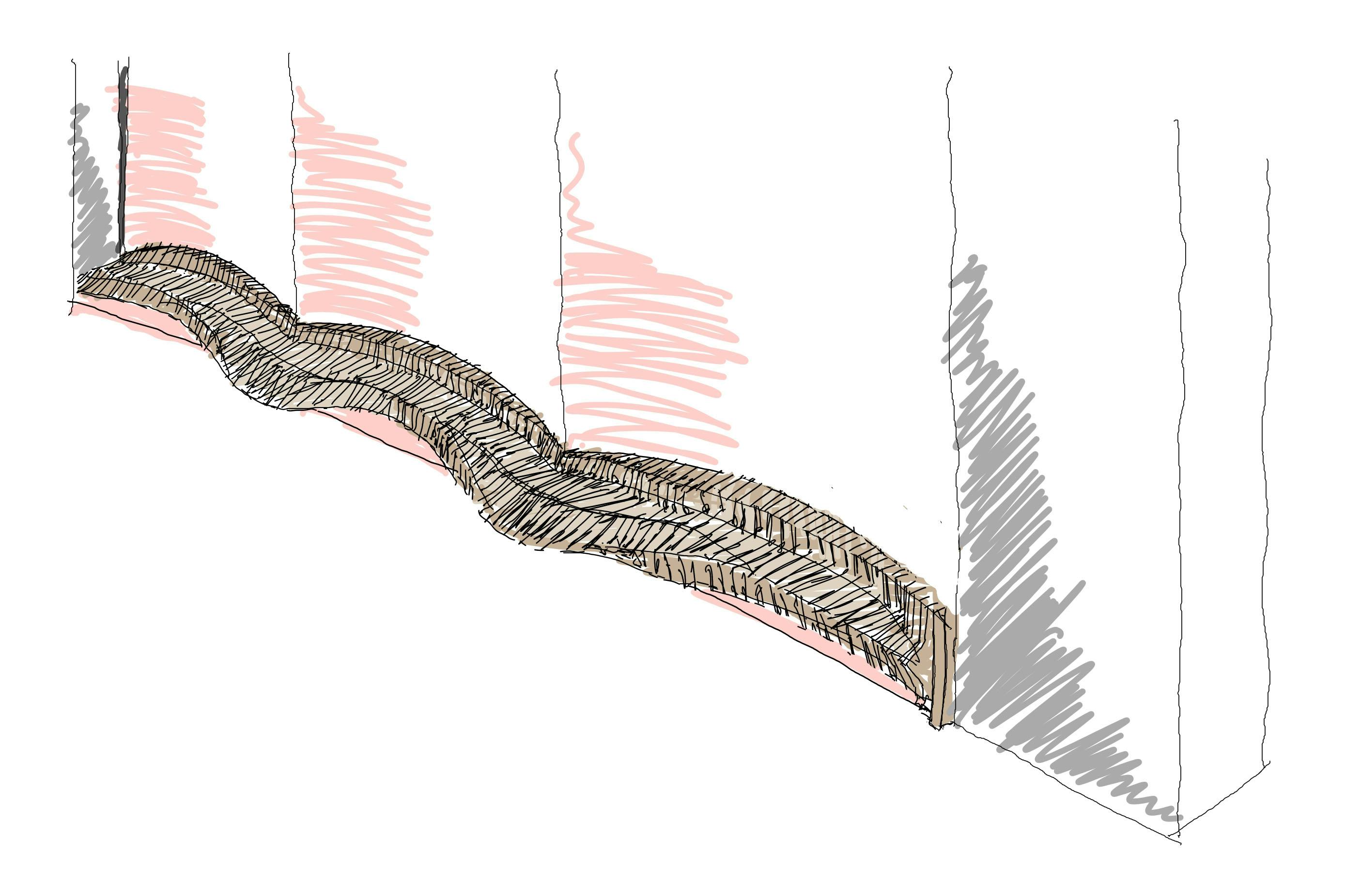 A concept design sketch for a curved timber bench. 