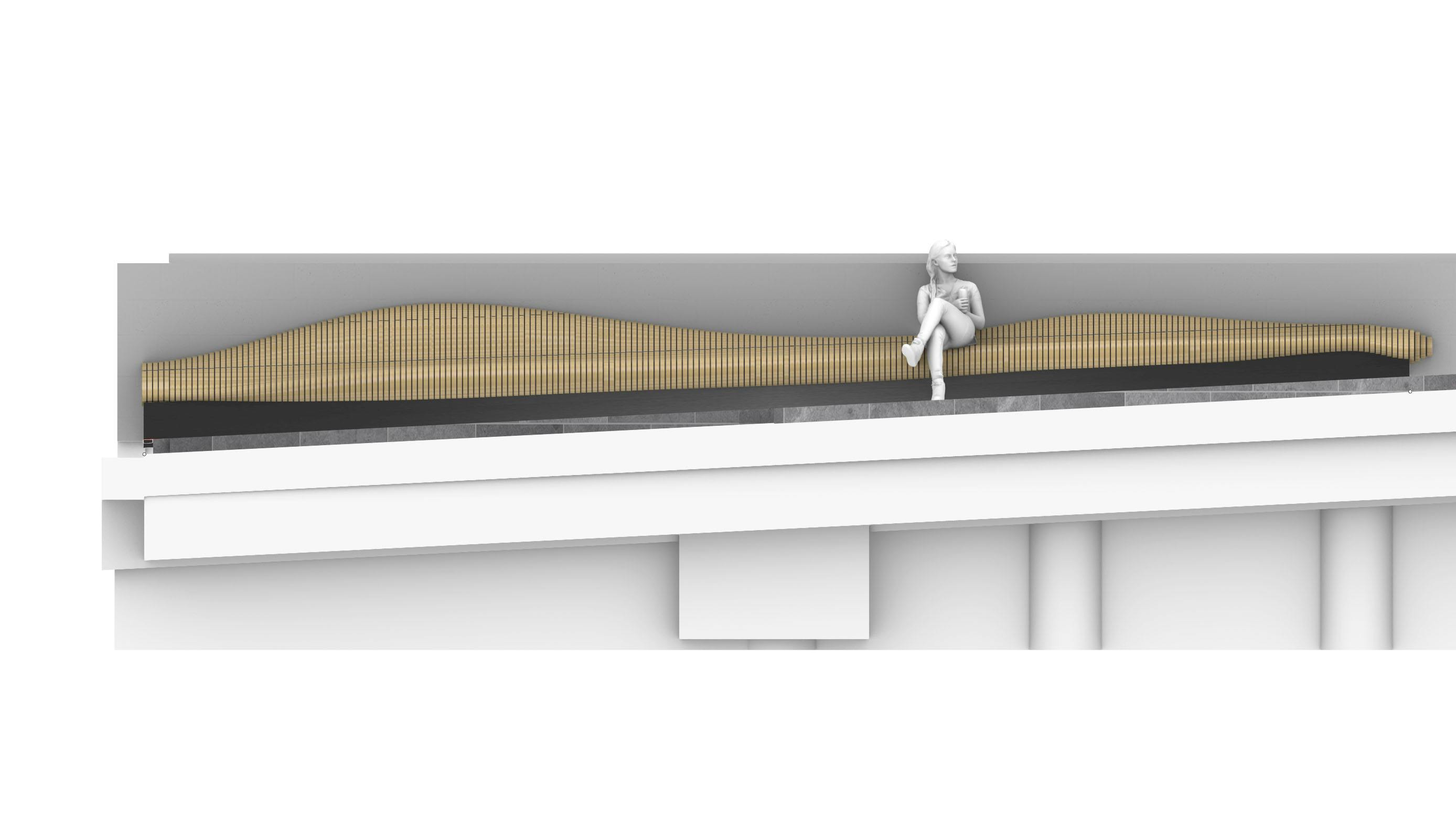 A digital render of a bench seat flowing down a sloping ground. 