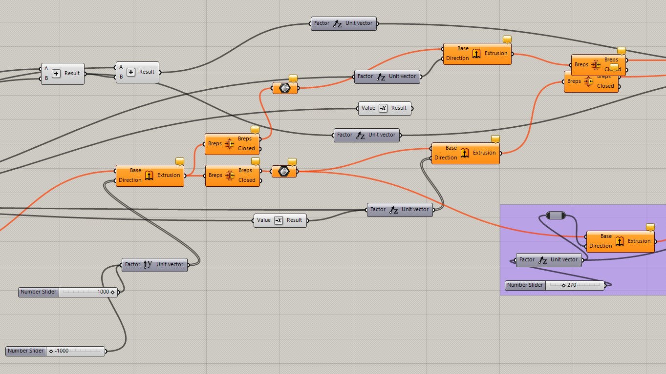 A screenshot of a parametric design process, with small boxes linked by flowing lines.