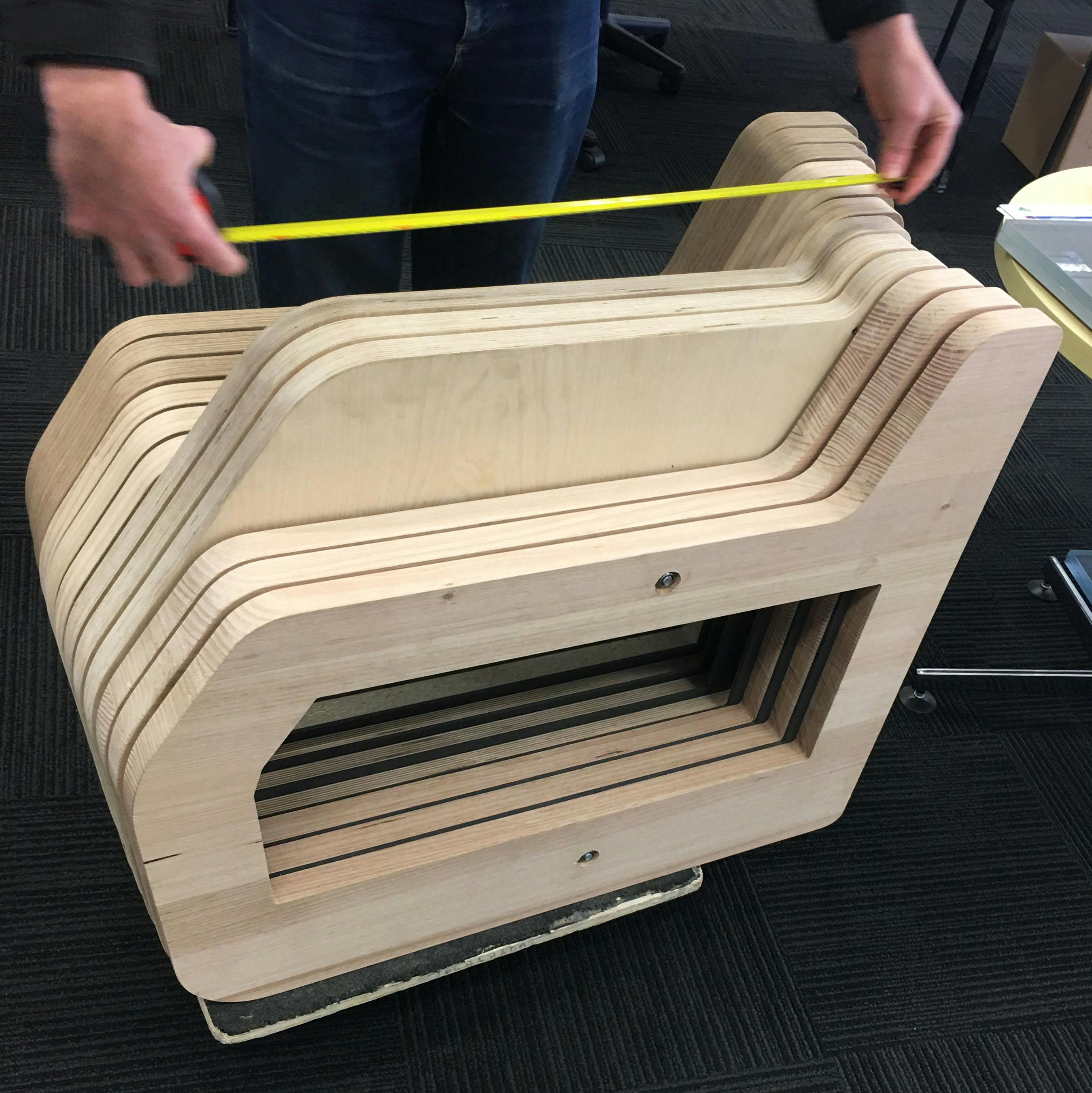 A timber prototype section of a unique, parametric, bench seat.