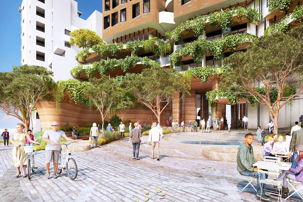 A digital render of a busy building forecourt filled, there are tress and greenery growing up the lower floors of the building.