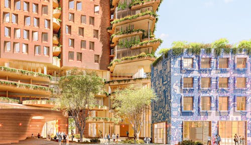 A digital render of a new university precinct, featuring 'green' buildings. 