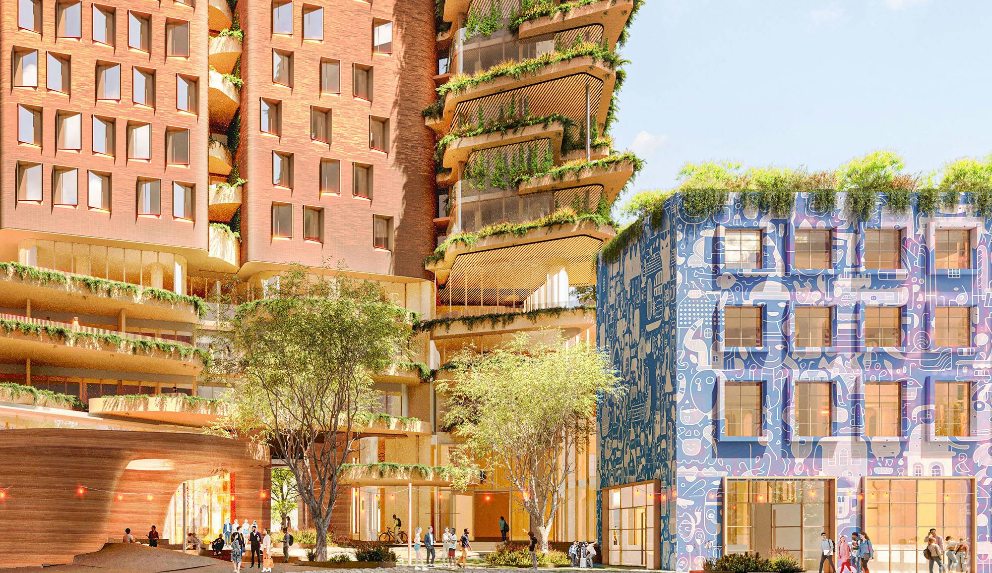 A digital render of a new university precinct, featuring 'green' buildings.