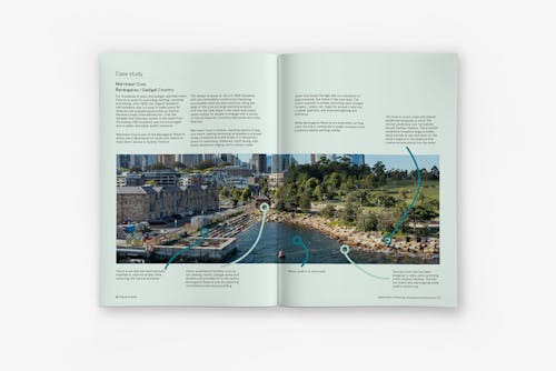 A digital mock-up of an A4 document spread, the paper is pale green with a landscape image of a harbour swimming spot filling the bottom half. 