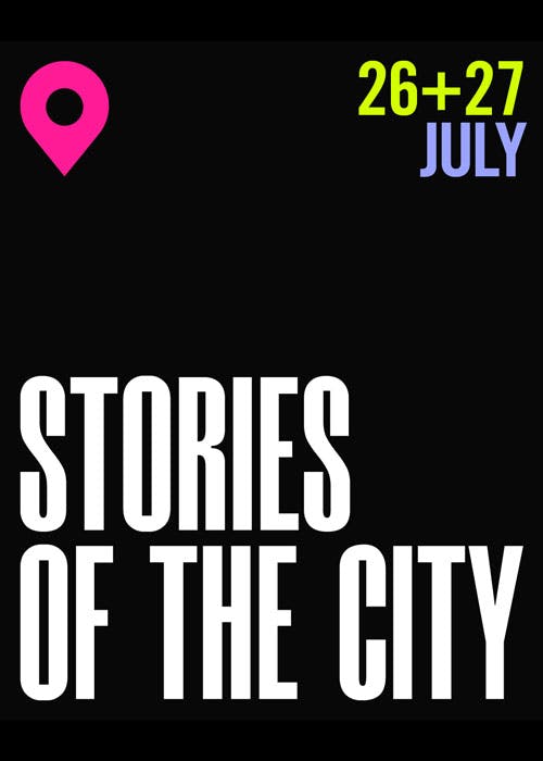 'Stories of the City' graphic white text on black background.