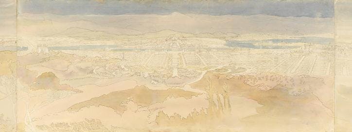 An old concept illustration of a new city rimmed by mountains.