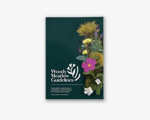 A mock up of a document with dark green covers reading "Woody Meadow Guidelines: Naturalistic plantings of Australian woody plants for people and nature." There are flower graphics on the cover, and the document sits on an isolated white background. 