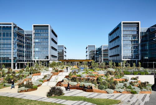 A photograph of a new business park with glass office buildings to the left and right. The space between is filled with a mix of plants in core ten steel planters. A staircase leads into the site. 