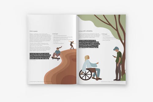 An image of a double-page spread in an A4 government report. There are illustrations of people skateboarding in a park.