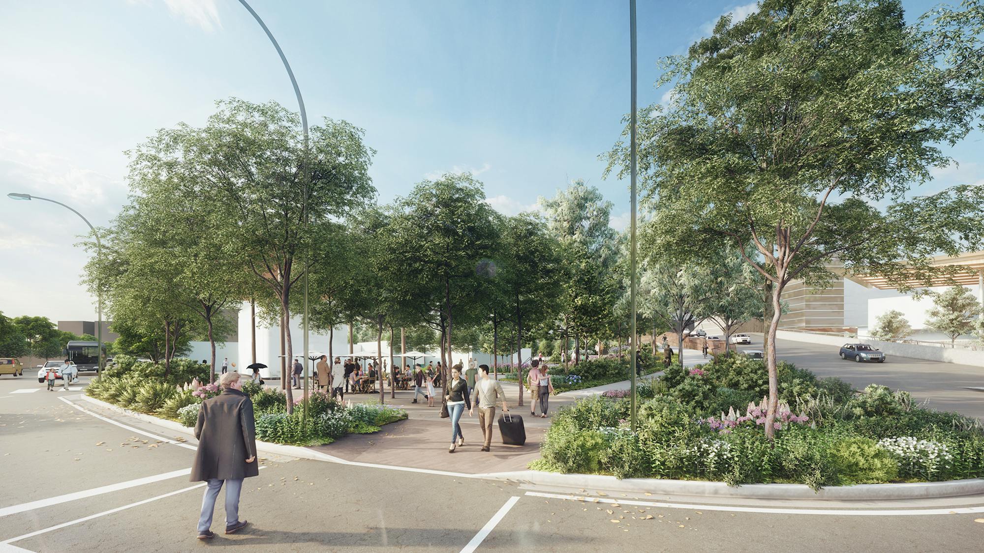 A digital render of a green urban landscape. There is a person crossing the road in the foreground, moving towards two people, one wheeling a suitcase. More people can be seen in a plaza area. Plants cover large areas of the ground, and there is a dense canopy of leafy trees. A car or two can be seen in the distance.