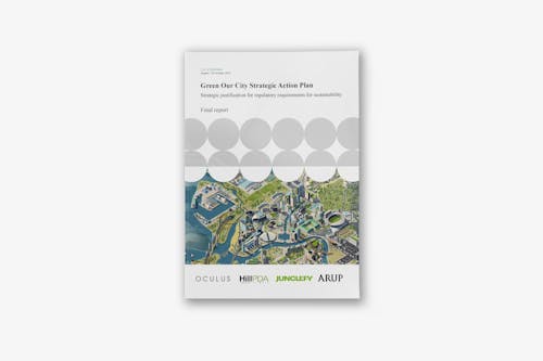 An image of an A4 document cover, the base of the cover has an illustrated aerial city view dominated by blue and green space, there are grey circles and semicircles in the top half.  The title reads 'Green Our City Strategic Action Plan', at the base of the cover are logos reading OCULUS, HILLPDA, JUNGLFY, and ARUP.