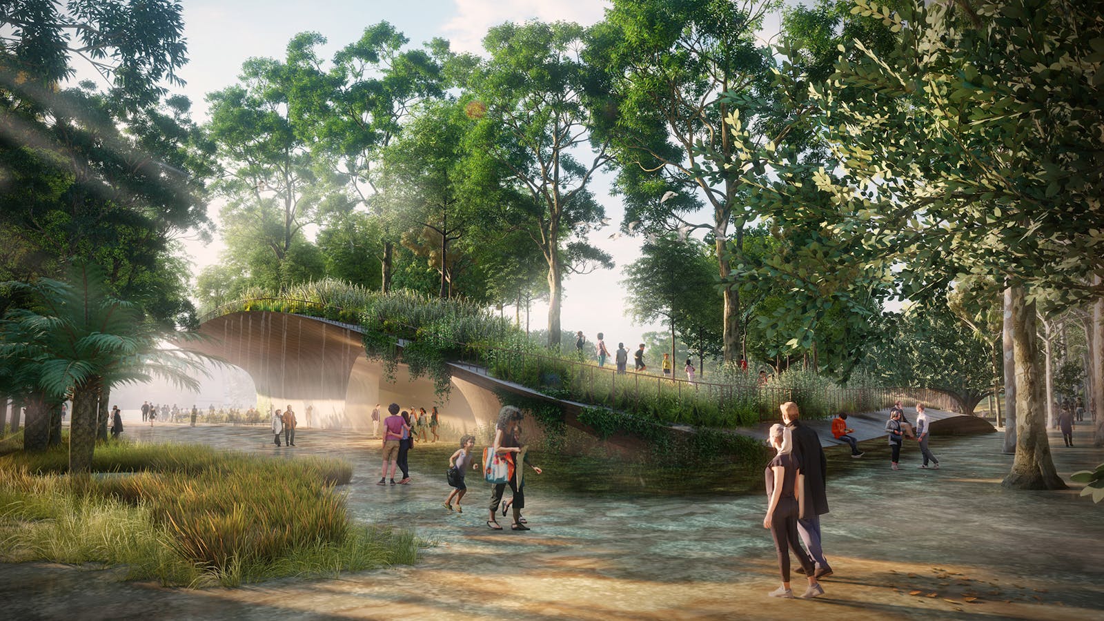 A digital visualisation of an urban park featuring dramatic architectural landforms with people and trees both seen at ground level and in elevated areas.