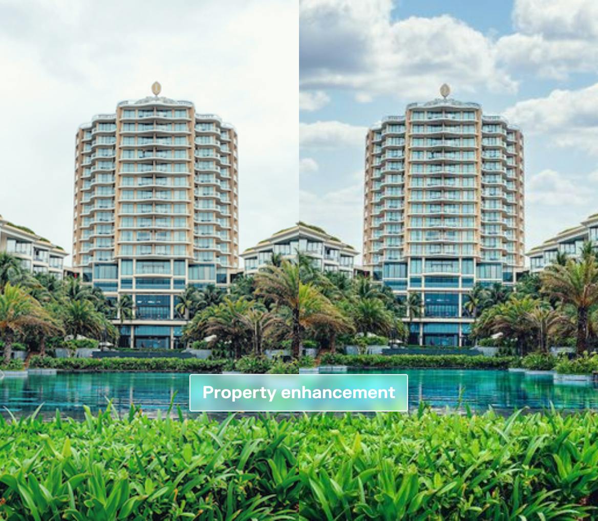 exterior tower hotel shot before and after with ai property enhancement
