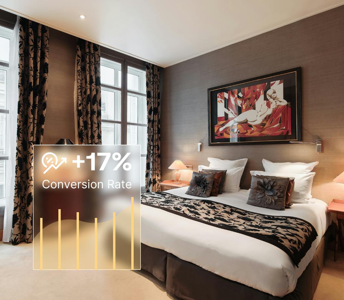 hotel room with graph of conversion rate overlay