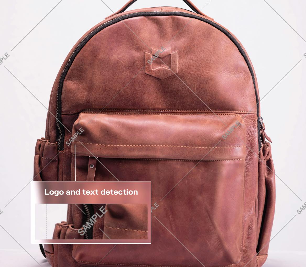 leather backpack photo with watermark and ai overlay detection