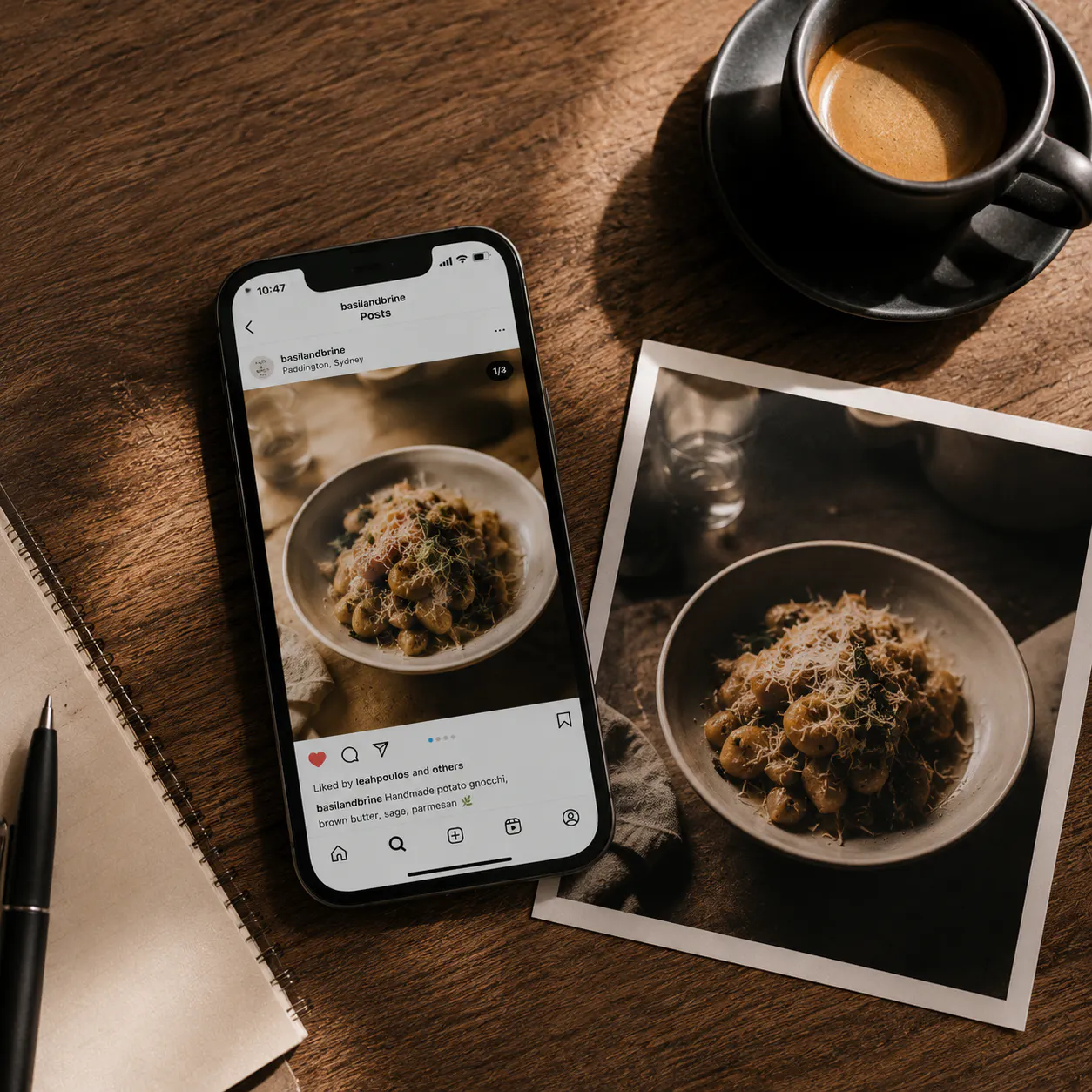 Phone showing finished social content next to the original food photo it was created from
