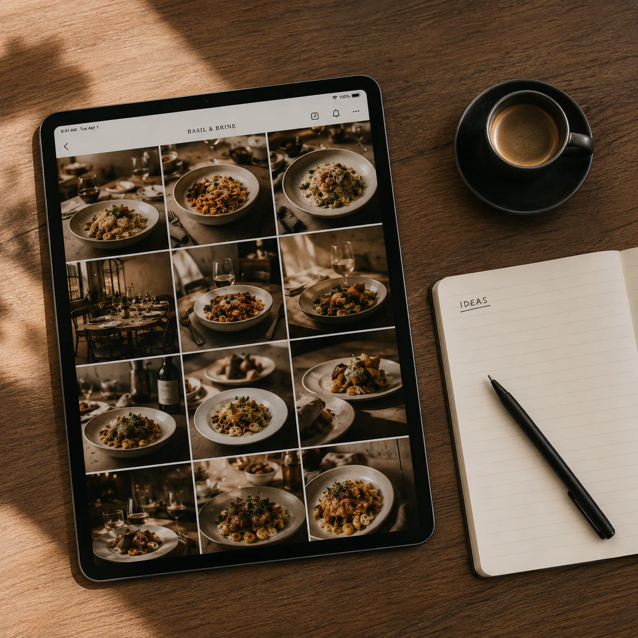 Tablet displaying a consistent, organized restaurant content grid on a clean desk