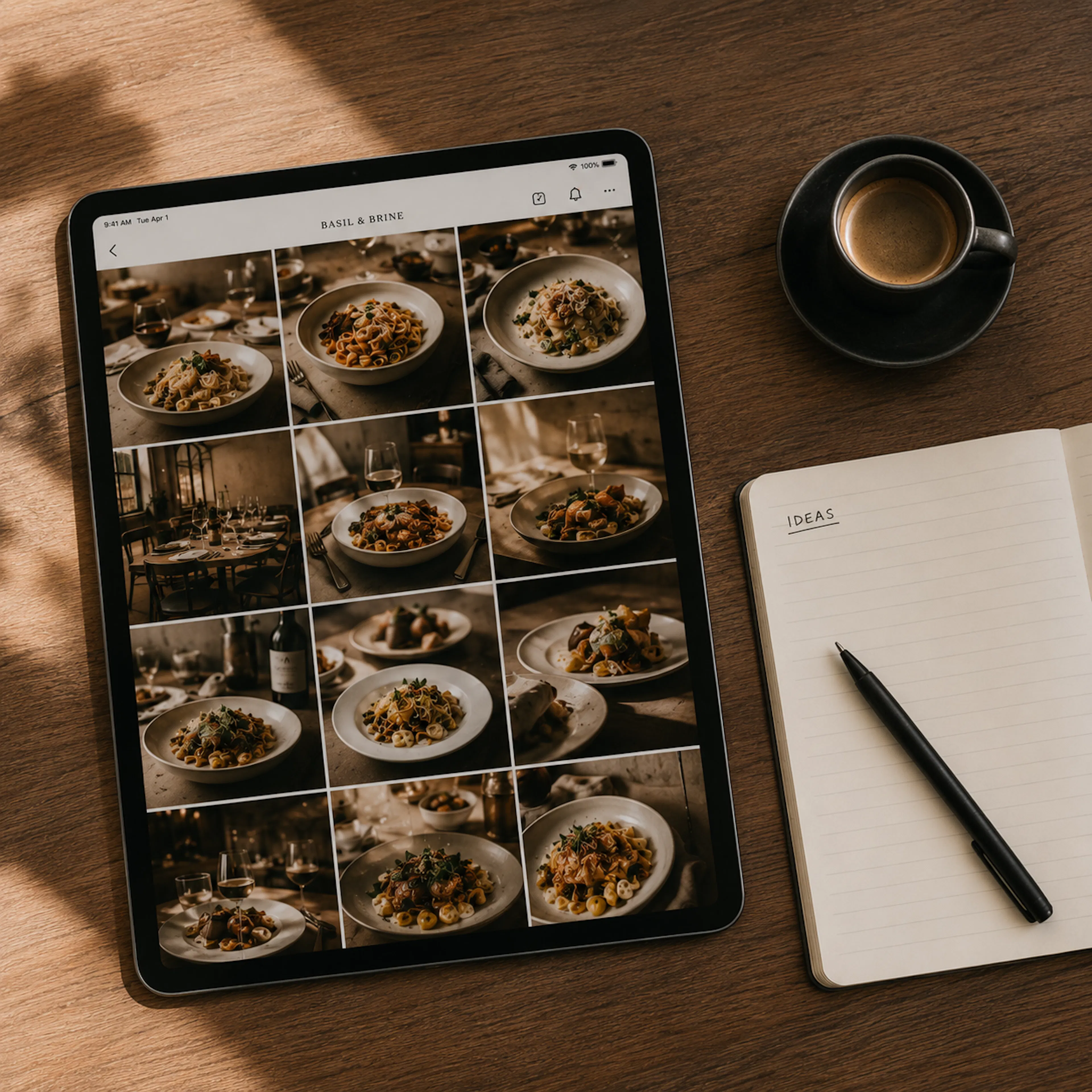 Tablet displaying a consistent, organized restaurant content grid on a clean desk