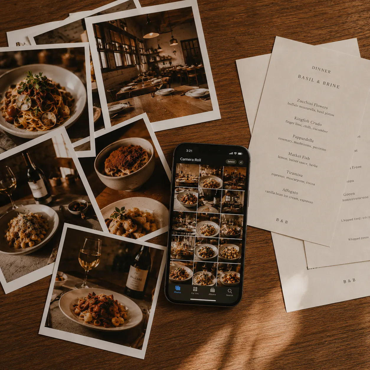 A collection of existing restaurant food photos, menu cards, and camera roll shots laid out on a desk