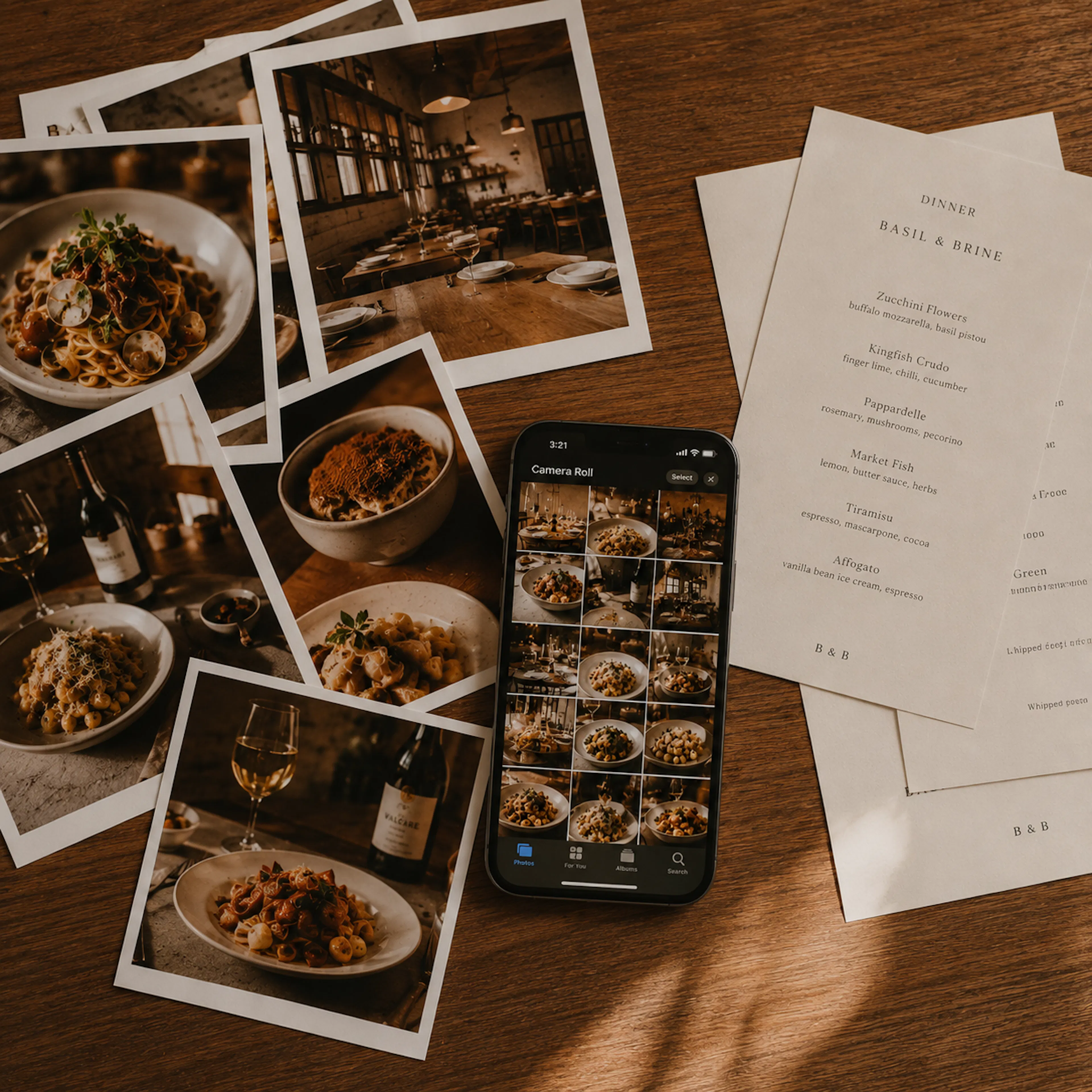 A collection of existing restaurant food photos, menu cards, and camera roll shots laid out on a desk