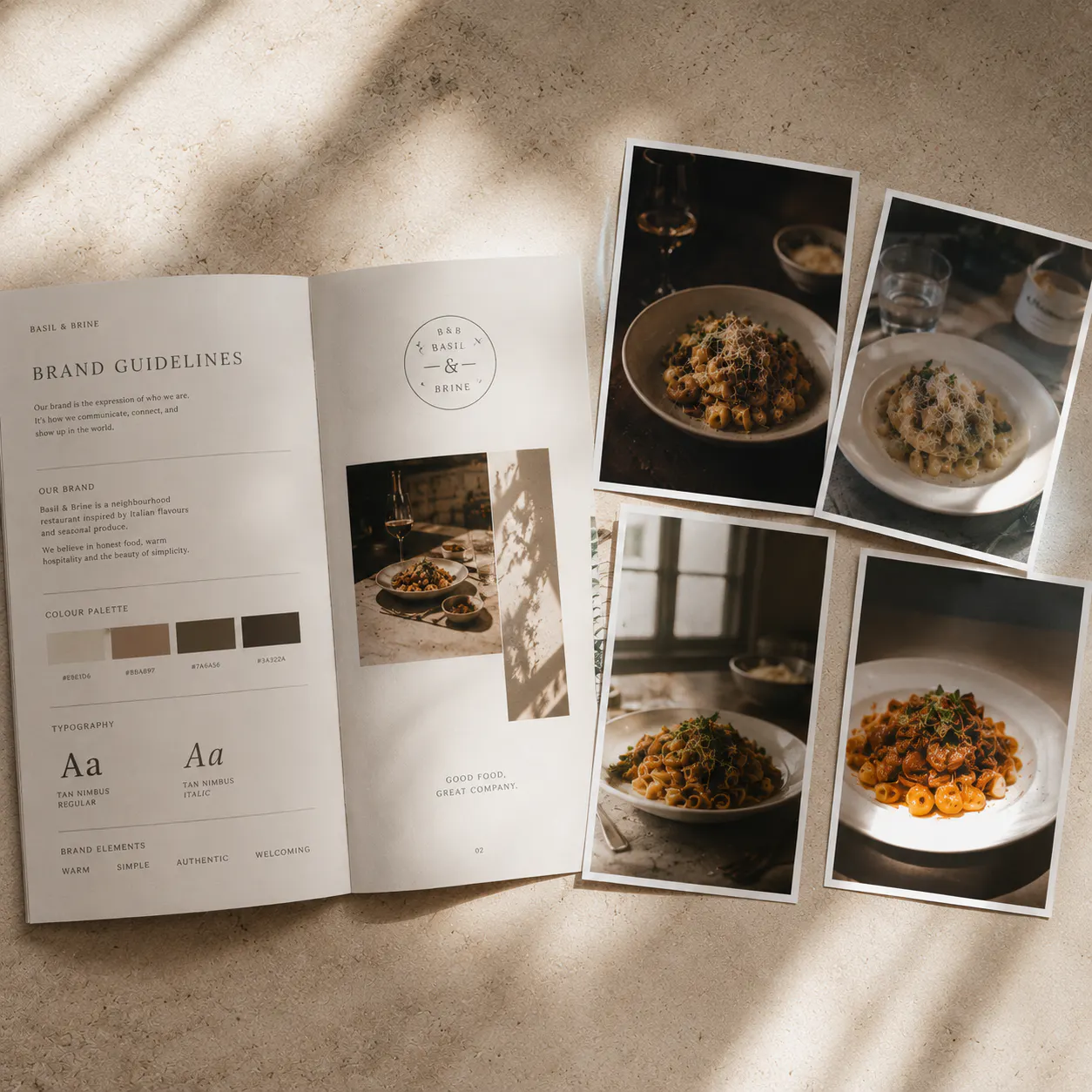A brand guidelines document next to a set of food photos with inconsistent visual quality across locations