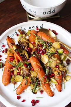 Maple Roasted Carrots, Brussels Sprouts and Dates Salad on oddbox plate