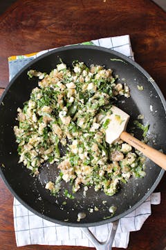 cooked stuffing in a pan