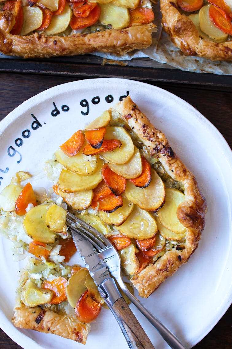Potato, carrot and leek galette in Oddbox plate