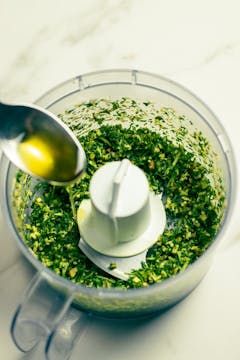Pesto after the ingredients were blitzed in the food processor.
