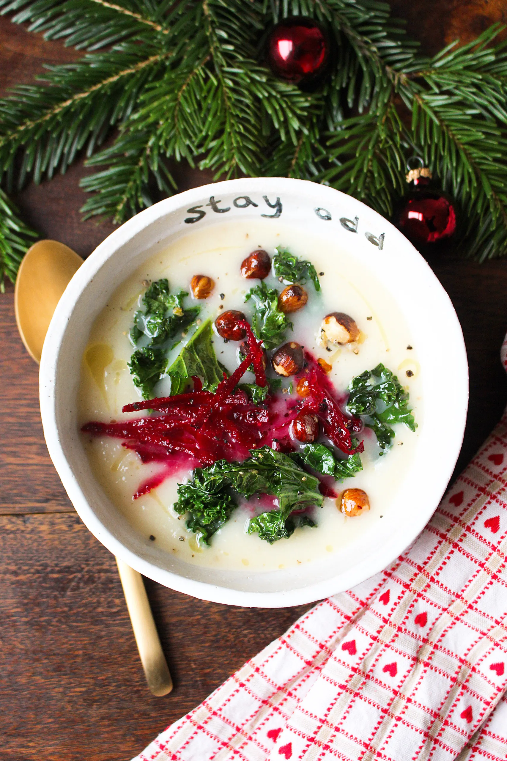 Celeriac and Apple Soup with Kale and Hazelnut 