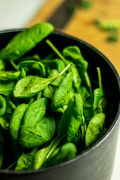 Fresh spinach in a pot. 
