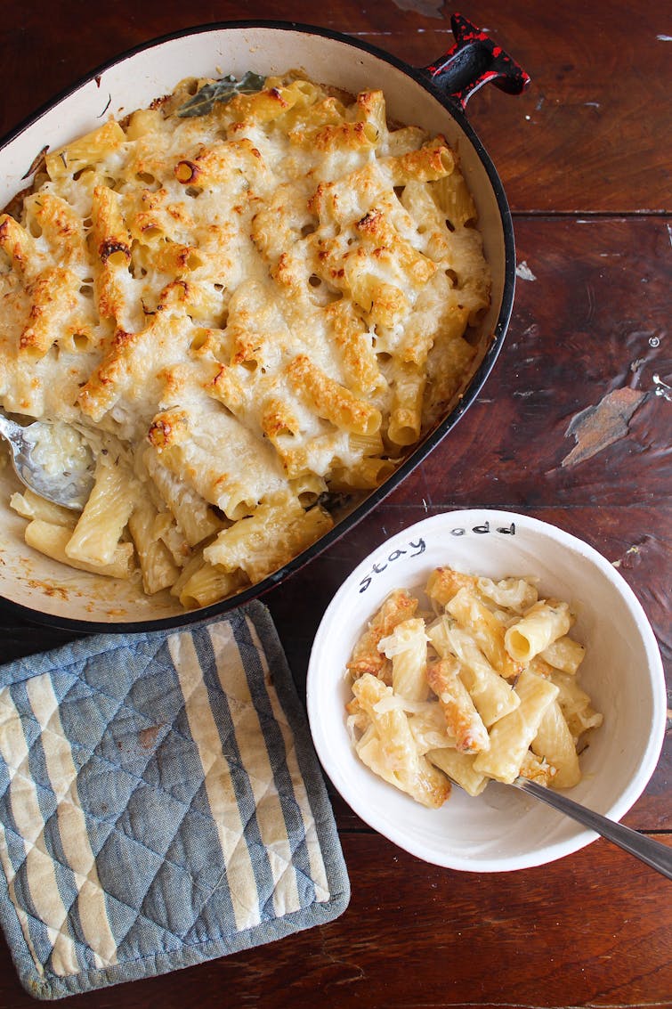 baked caramelised onion pasta bake served on a bowl