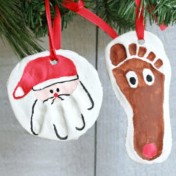 clay christmas decorations with hand and footprints