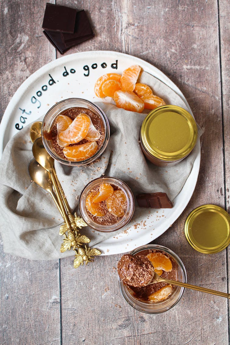 3 open jars satsuma chocolate mousse and 1 closed jar