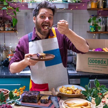 chef Tom Hunt eating a nut roast 