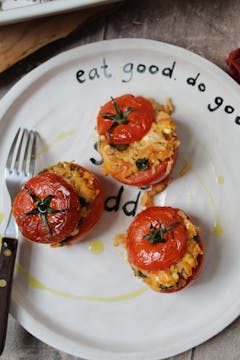plate of 3 stuffed tomatoes 