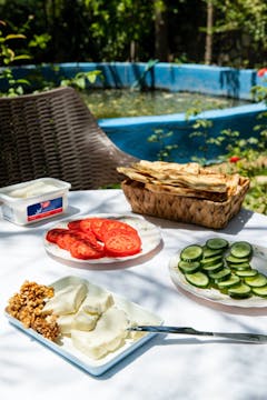 A lunch setup outside with tomatoes, cucumbers, naan, soft cheese, and walnuts