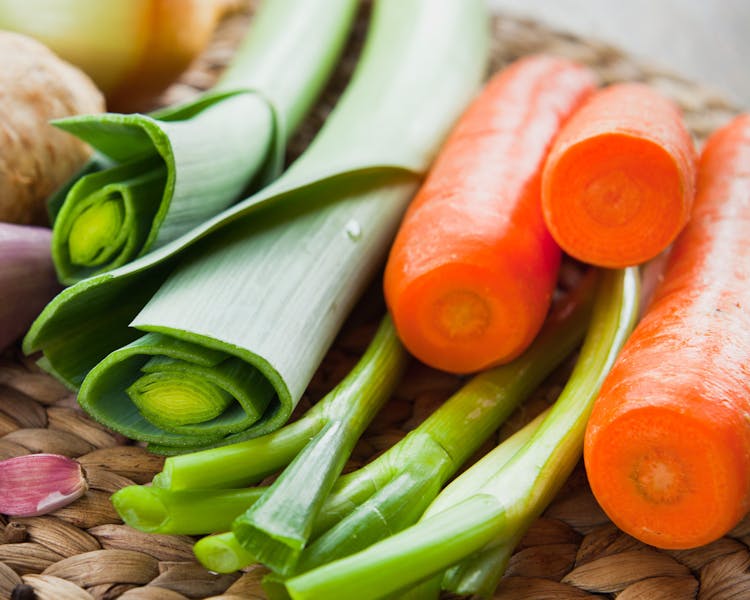 leeks, carrots and spring onions 