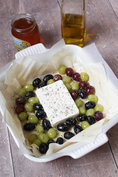 feta added to filo pastry and grapes and the dry seasoning 
