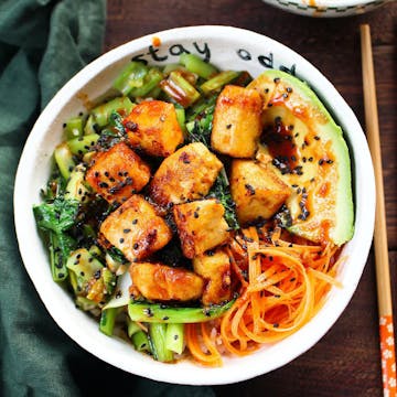 Choi Sum Tofu Bibimbap Bowl with chopsticks to the side